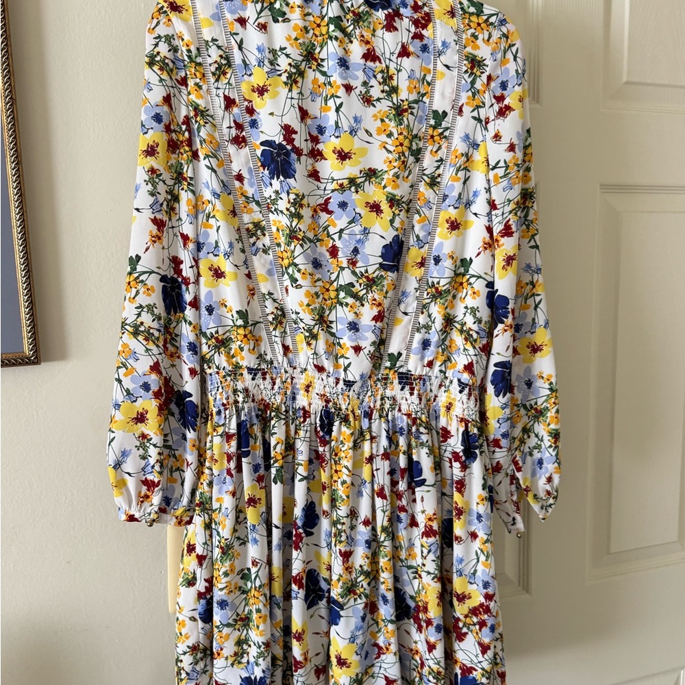 Banana Republic White Floral Long Sleeve Dress with Yellow, Blue & Red Blooms